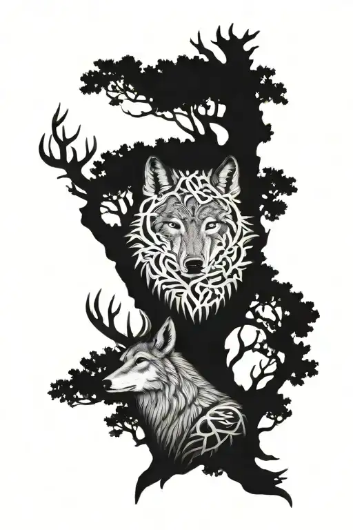 Wolf And Deer Head With Tree Of Life