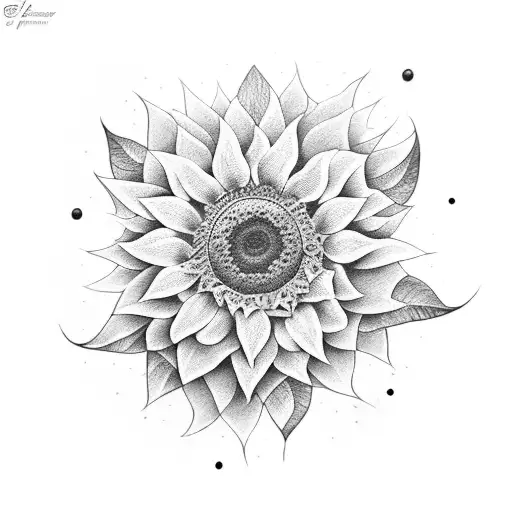 A Dotwork With Sunflower And Rose As The Central Elements