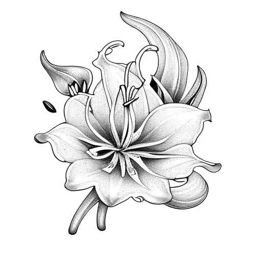 A Blackwork Tattoo Of Lilies Blooming Under A Radiant Sun