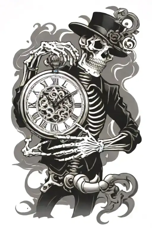 Skeleton Holding Pocket Watch Surrounded