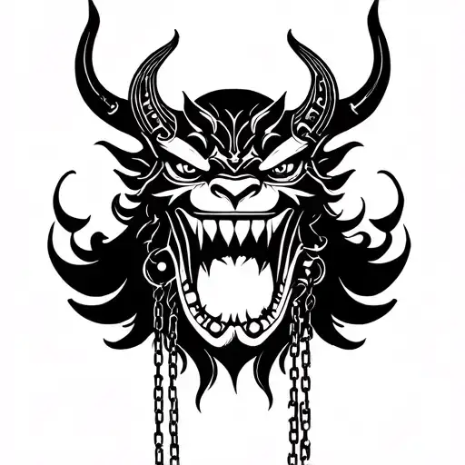 Japanese Hannya Oni Demon Tattoo With Chains Hanging From The Mouth