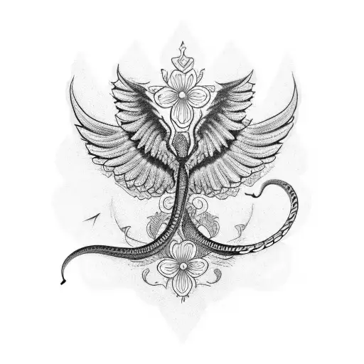 Full Tattoo Sleeve Of A Winged Snake With Flowers And A Skull