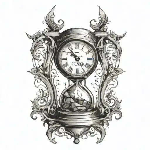 Clock With Cracks And Hourglass