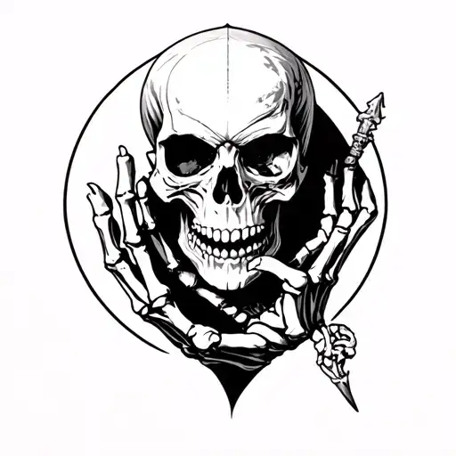 Samurai Skull Held By A Skeletal Hand Holding