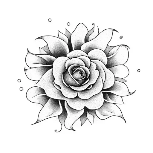 A Dotwork With Sunflower And A Rose As The Central Elements