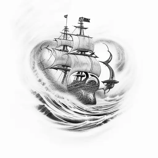 A Majestic Ship Battling A Fierce Kraken In A Stormy Sea