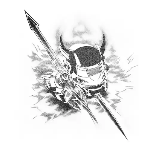 A Blackwork Tattoo Of An Anime-inspired Car Racing Through A Battlefield