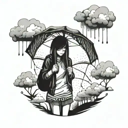 Emo Girl With Umberella With Clouds And Rain Cloud Broken Home Background