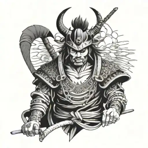 Samurai With A Busted Oni Mask And Devil Wings