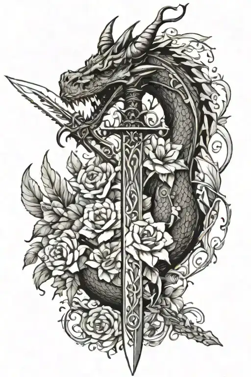 Fantasy Sword With Flowers And Winged Dragon