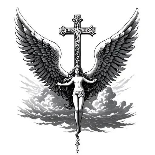 Clouds Surrounding Cross With Angel Wings