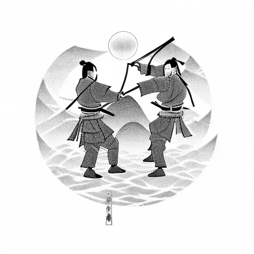 Two Samurai Fighting Next To A Japanese Maple Tree With A Sunset
