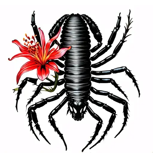 Centipede On Collarbone Tattoo With Red Spider Lily