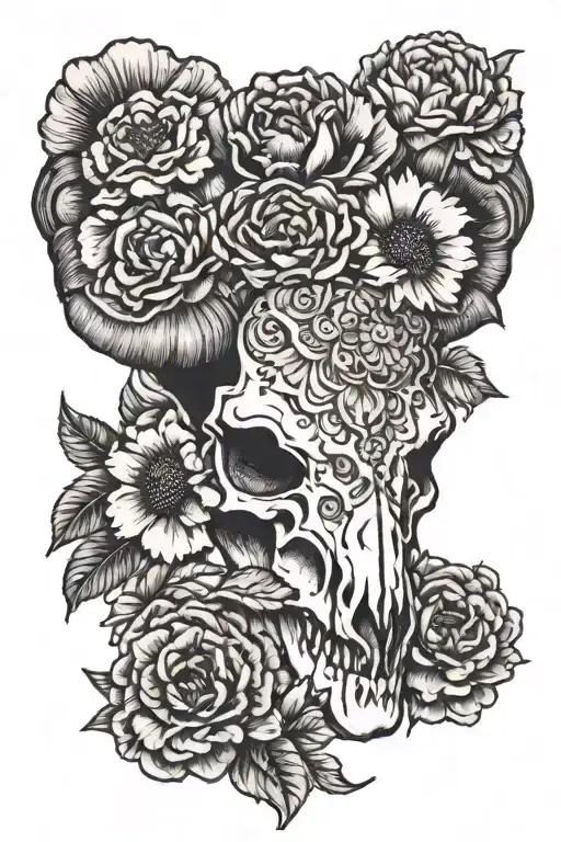 Ram Skull With Marigold And Cosmo Flowers