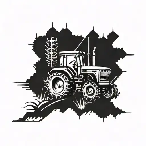 A Tractor Plowing Through A Field With Hidden Hunting And Fishing Symbols Intertwined In The Design