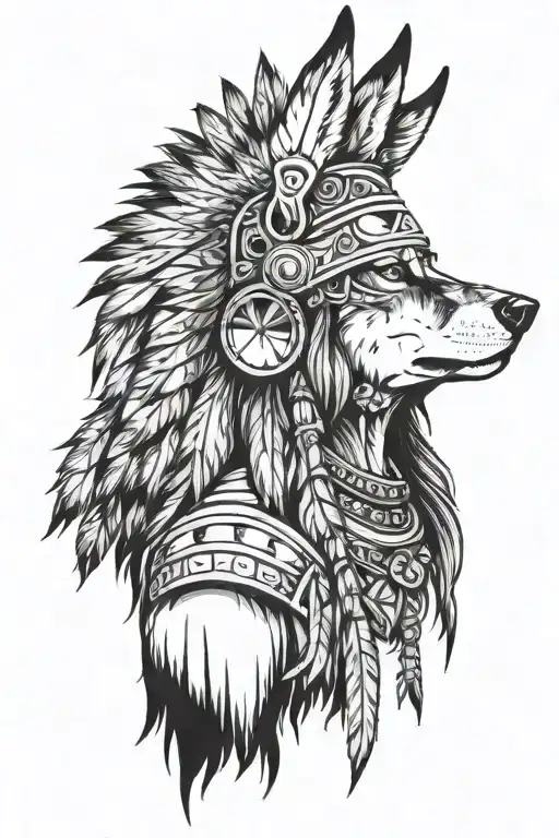 Female Apache With Wolf Headress Facing East Inside