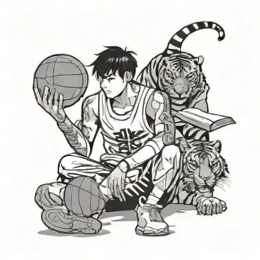 A Basketball Player Reading A Manhwa Comic With A Tiger Sitting Beside Them