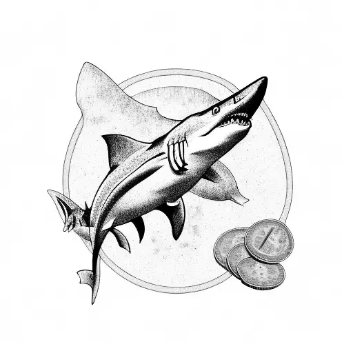 A Detailed Blackwork Tattoo Of A Shark Swimming Through A Stack Of Money