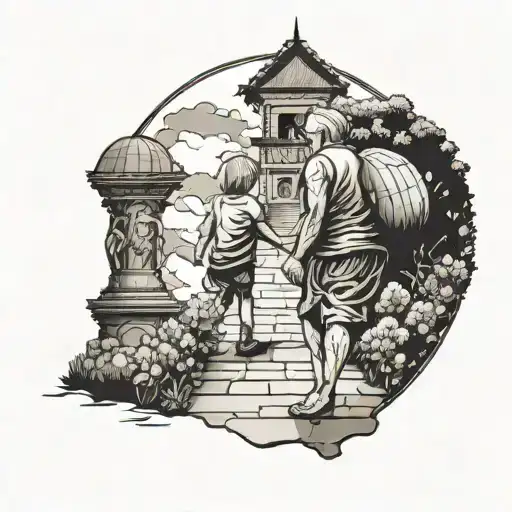 Grandson With A Basketball Jeresy With Grandmother Walking To Stairway Of Heaven