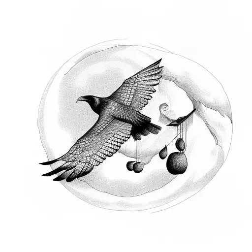 A Raven Soaring Above A Peach Orchard With Musical Notes Flowing From Its Wings