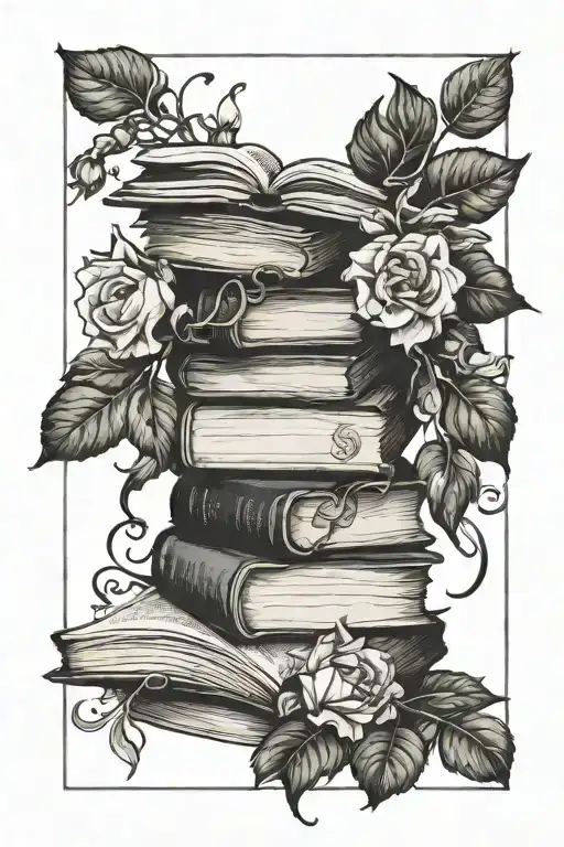 Stack Of Books With Flowers And Vines With The Top Book Open