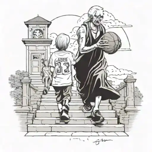 Grandson Basketball Jeresy With Grandmother Walking To Stairway Of Heaven Holding Han