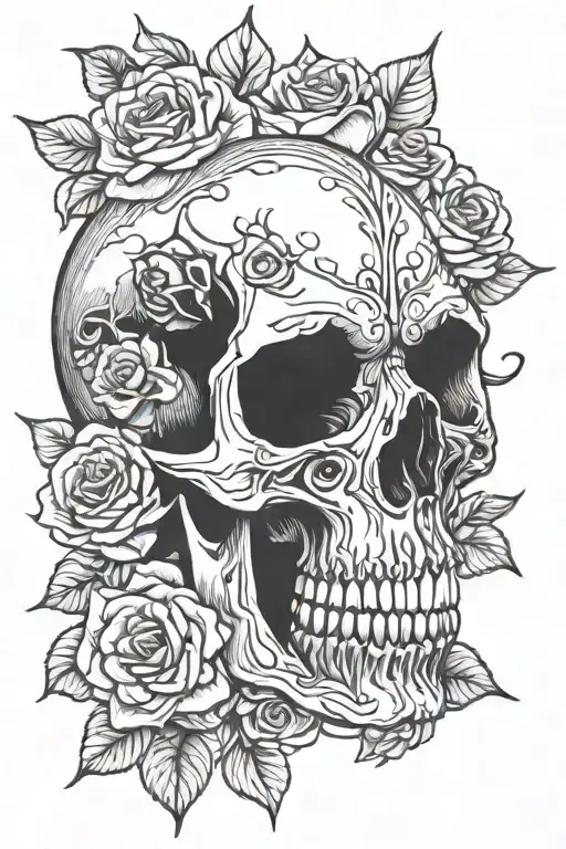 Skull With Roses Growing And Zandloper Underneath