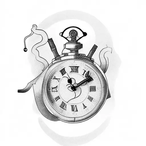 A Blackwork Tattoo Of An Old School Clock With A 1950 Revolver As The Clock Hands