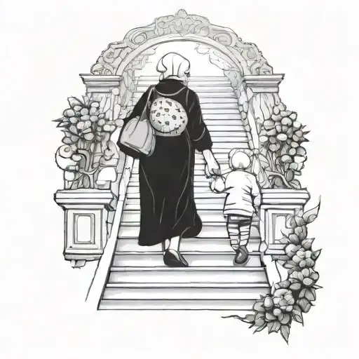Grandson And Grandmother Walking Up The Stair Way To Heaven