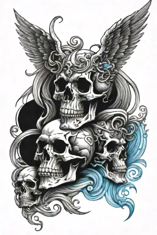 Skull And Angel And Lion With Horns And Blue Waves In The Background