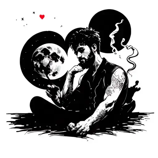 Broken Heart And Man Smoking Looking At The Moon