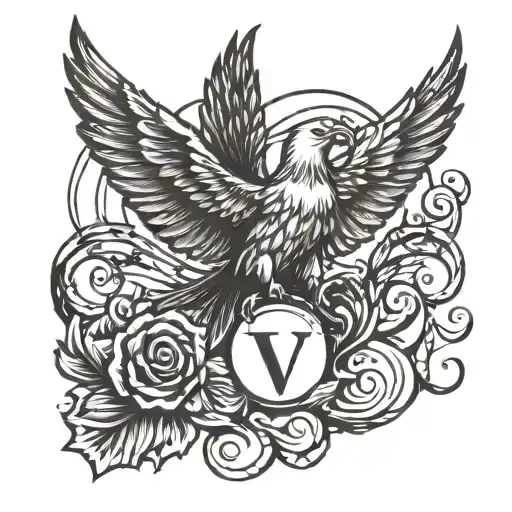 Create A Music-related Hand Tattoo Design With A Small Eagle And The Letter V