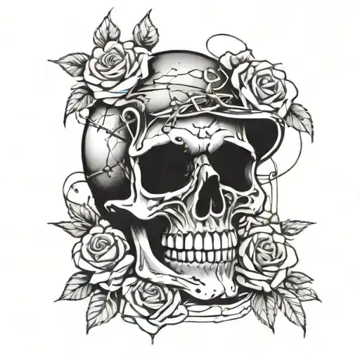 Chicano Style Skull With Roses And Barbed Wire Wrapped