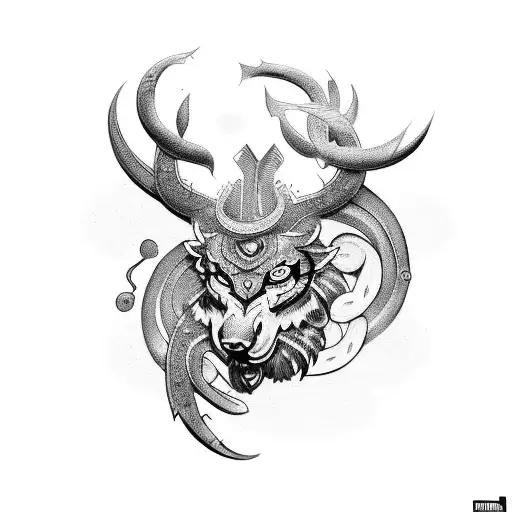 A Tattoo Design Featuring A Fusion Of Different Mythological Creatures From Various Cultures