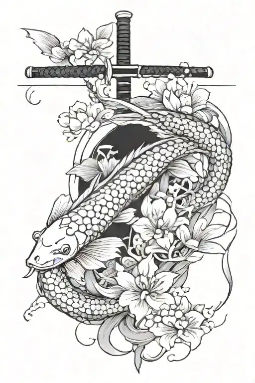 Katana Sword With 1 Koi Around And Cherry Blossom Flowers