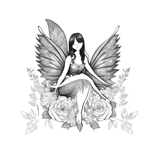 A Fairy Sitting On A Colibry With Angel Wings Surrounded By Roses And Leaves