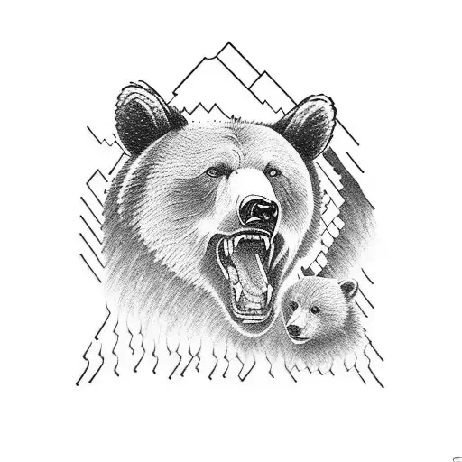 Bear Protecting Bear Cub From Pack Of Wolves