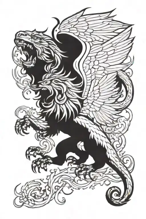 Manticore Roaring At A Hydra With A Phoenix Flying In The Woodland Background