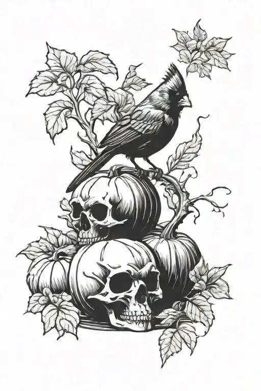 Cardinal Perched Atop A Pumpkin Skull