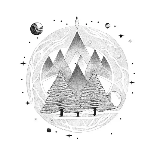 An Enchanting Blackwork Tattoo Showcasing A Mystical Forest With Hidden Symbols Of Space Exploration