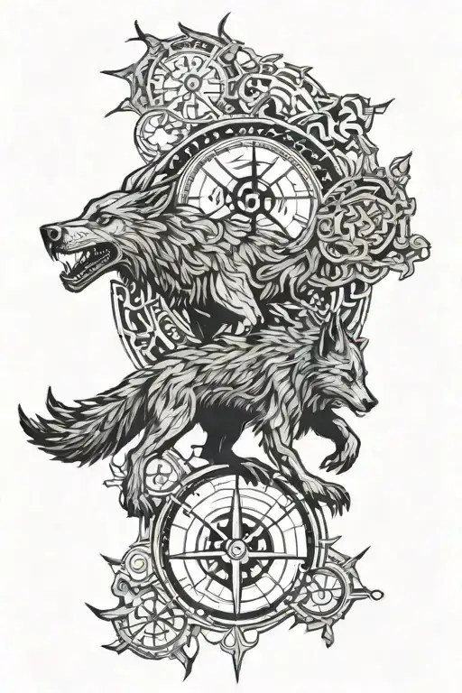 Evil Fenrir With Viking Compass And A Forestry Backround