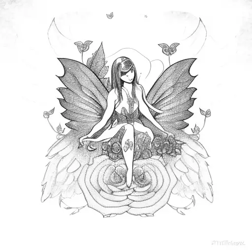 A Fairy Sitting On A Colibry With Angel Wings Surrounded By Roses And Leaves