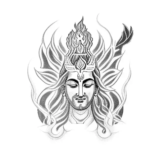 A Blackwork Tattoo Of Shiva Meditating With A Fiery Phoenix Emerging From His Third Eye