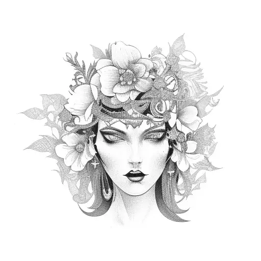 Goddess Of Dark Feminine Surrounded By Luxurious Flowers