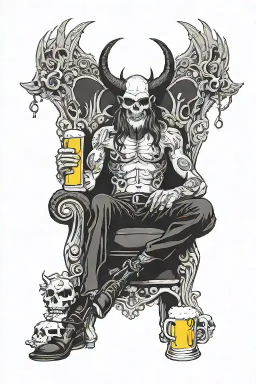 Devil With Smoke And Beer Sitting On Skull Throne