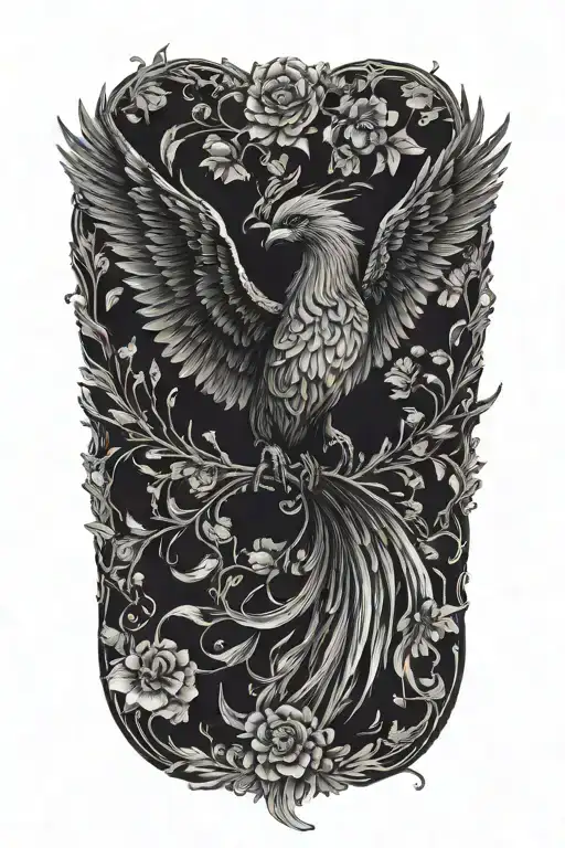 Black And White Phoenix With Wings Above Head Emerging From Flowers