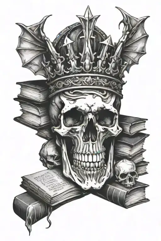 Skull Of A Dragon In A Crown Surrounded With Books