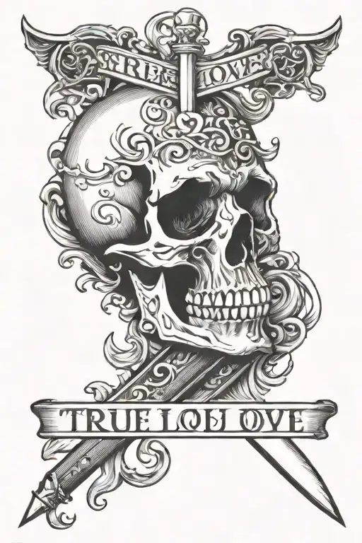 Hearth With A Dagger Through It And A Scroll Saying True Love No Skull