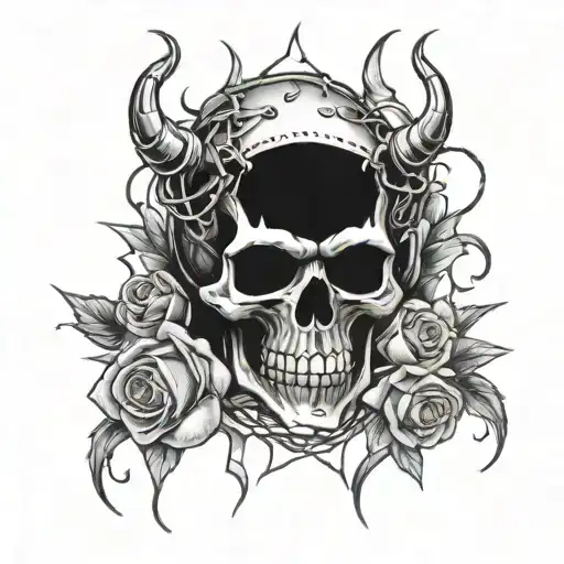 Chicano Style Skull With Flaming Roses And Barbed Wire