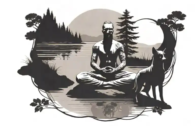Figure Meditating With A Dog By A River